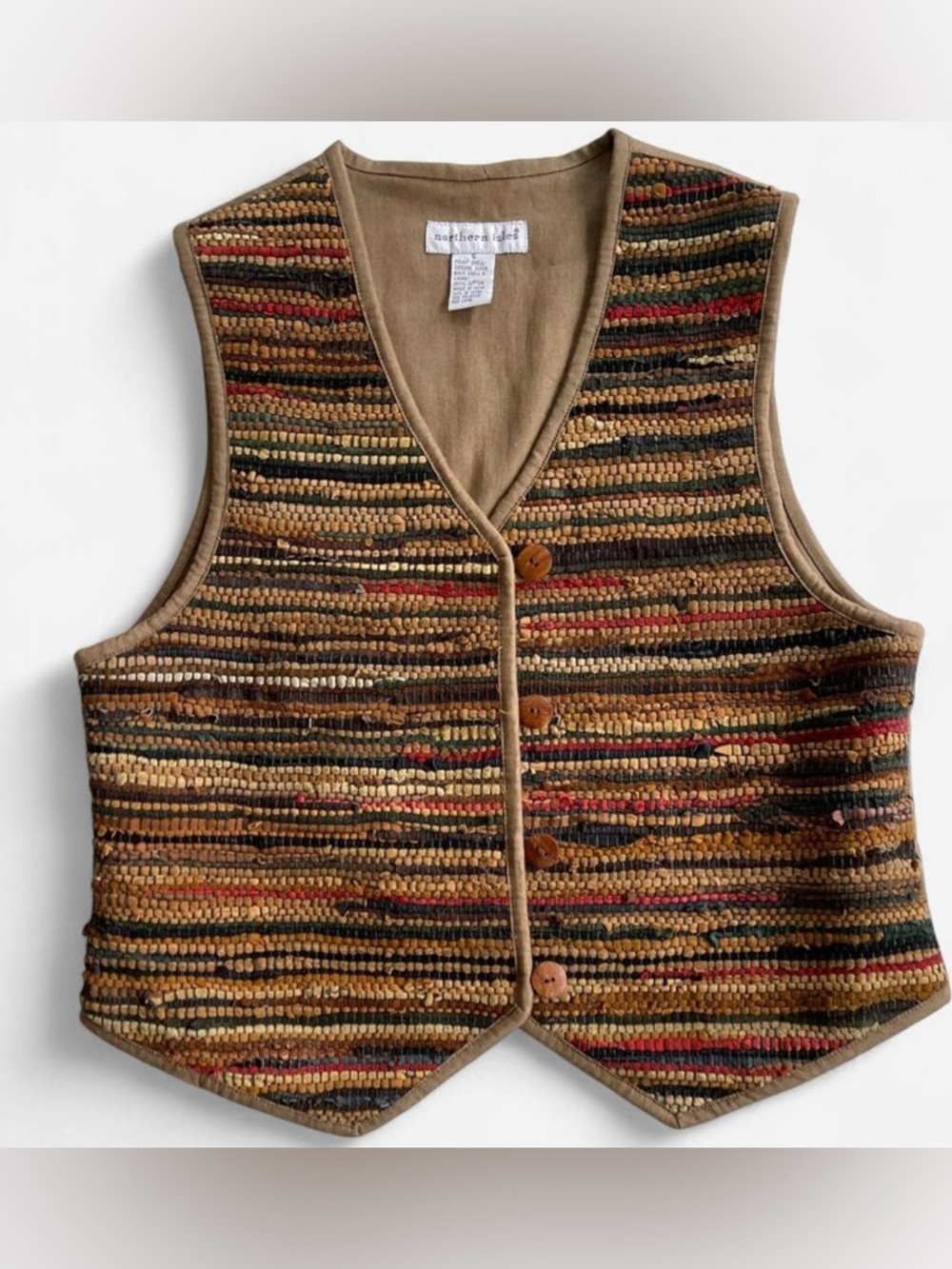 Vintage Northern Isles Multicolored Suede Leather Woven Tan Cotton Vest S - Picture 1 of 6